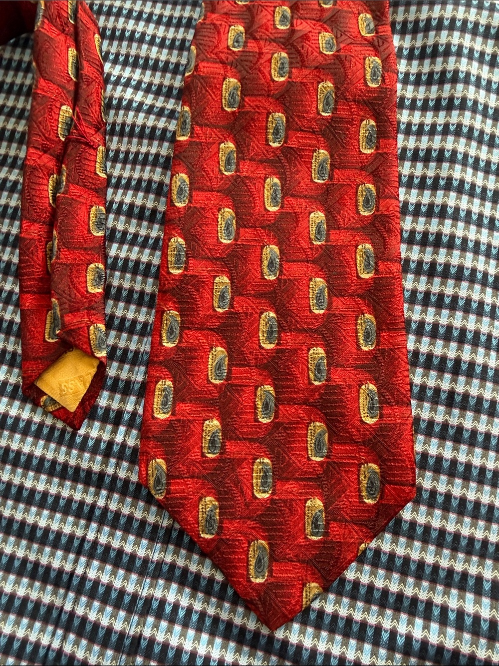 Robert Talbott Red blue Silk Tie with Gold Geometric Motif 60" x 4"